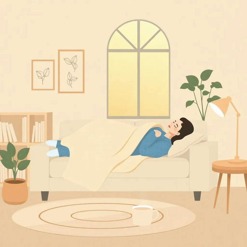 Woman Laying On The Couch-cozy living room-light beige blanket-relaxation-comfortable form
