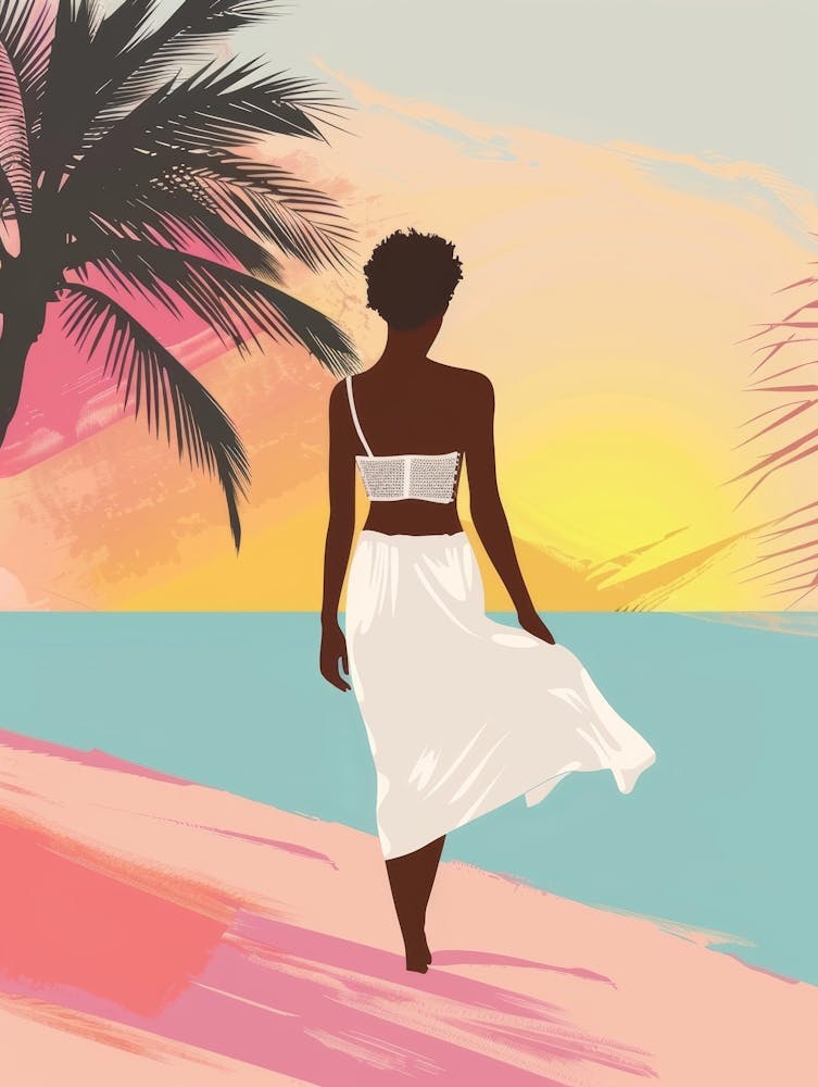 Woman Walking On The Beach At Sunset