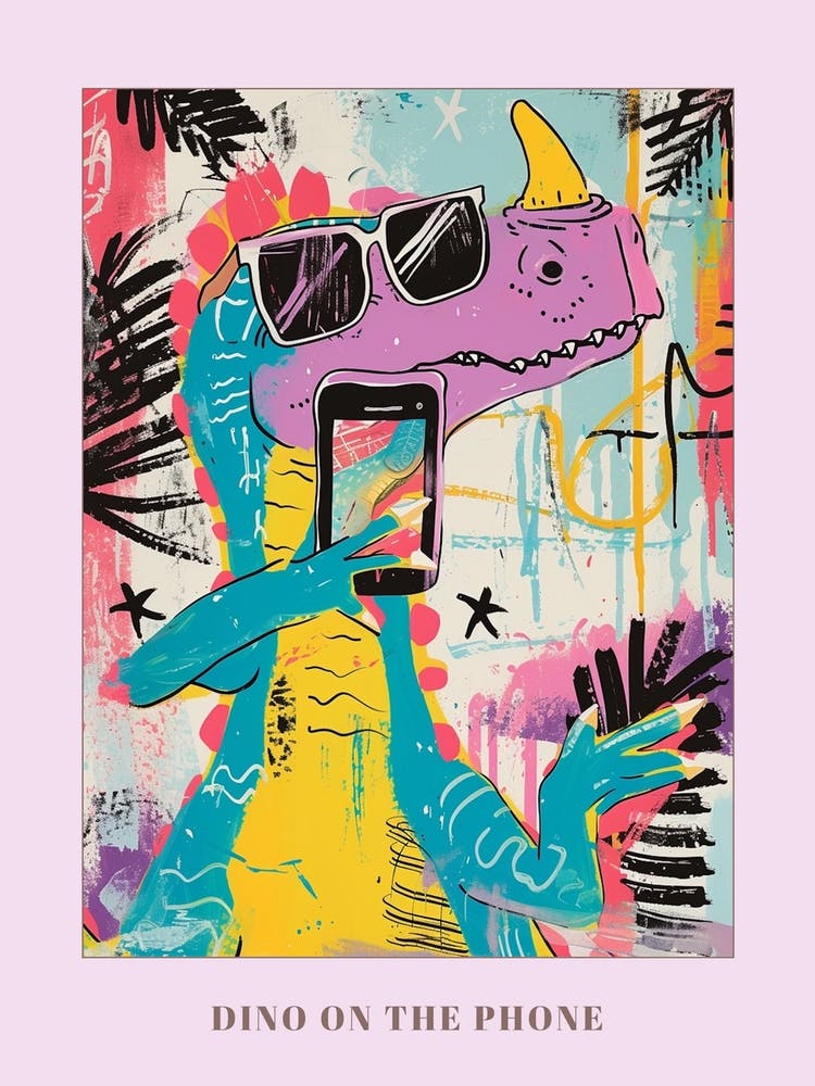 Dinosaur On The Phone Purple Graffiti Style 2 Poster
