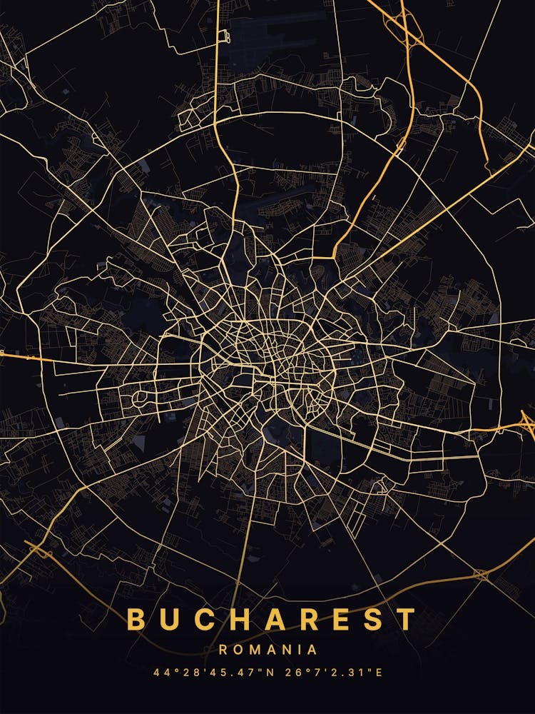 Bucharest Romania Black And Gold Map