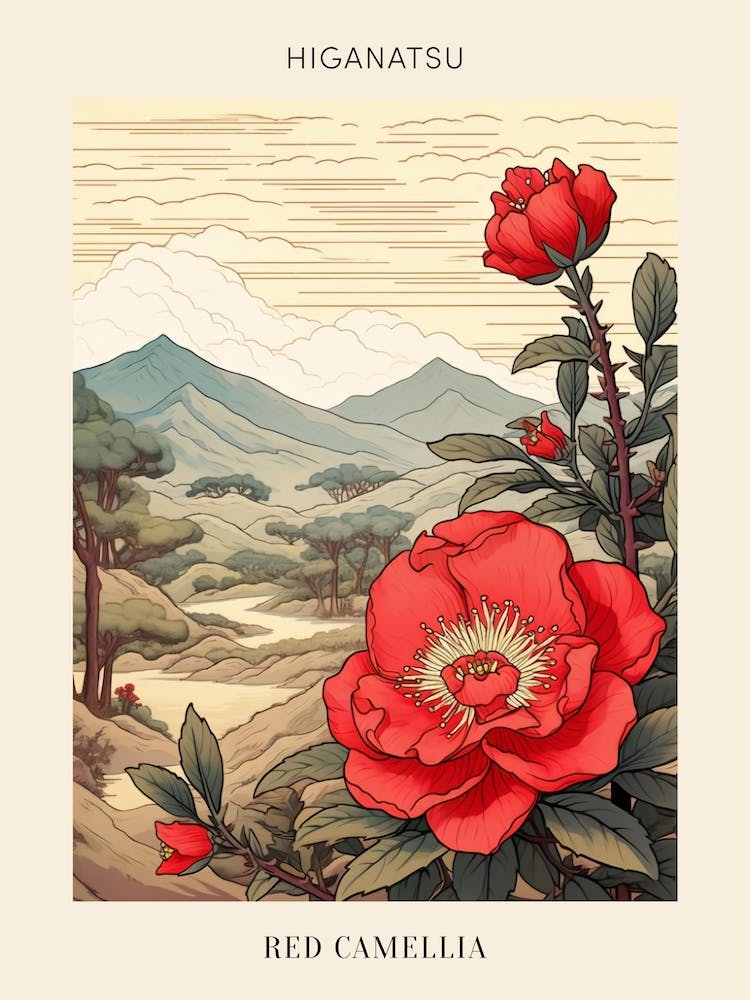Higanatsu Red Camellia 2 Japanese Botanical Illustration Poster