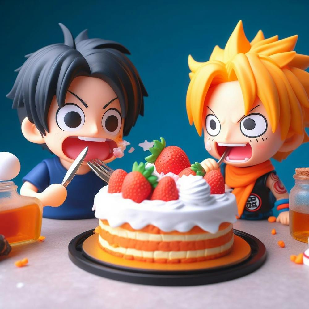 Anime kids eating strawberry cake