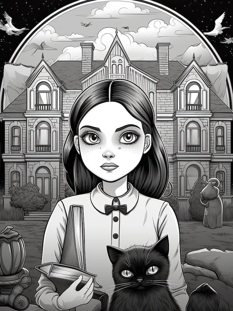 Nevermore Academy With Wednesday Addams And A Cat Line Art 2 Fan Art
