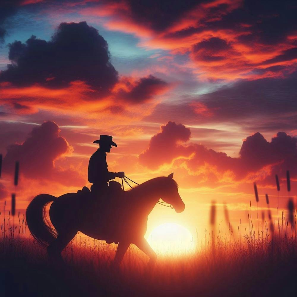 Silhouette Of A Cowboy Riding Into The Sunset, C4d, Dreamy And Optimistic, Vibrant Sky