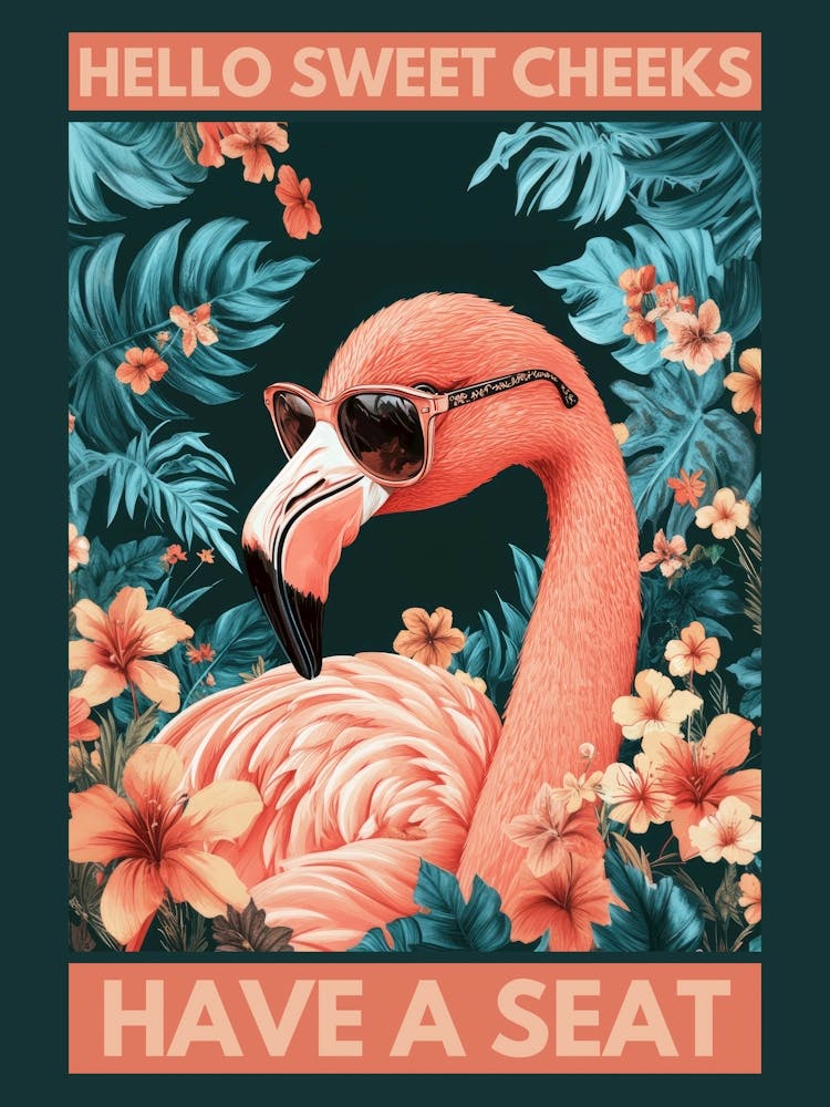 hello sweet cheeks have a seat Funny flamingo bathroom artwork in a playful kitsch aesthetic, colorful illustration in the style of 50s retro pop perfect for powder rooms, quirky spaces