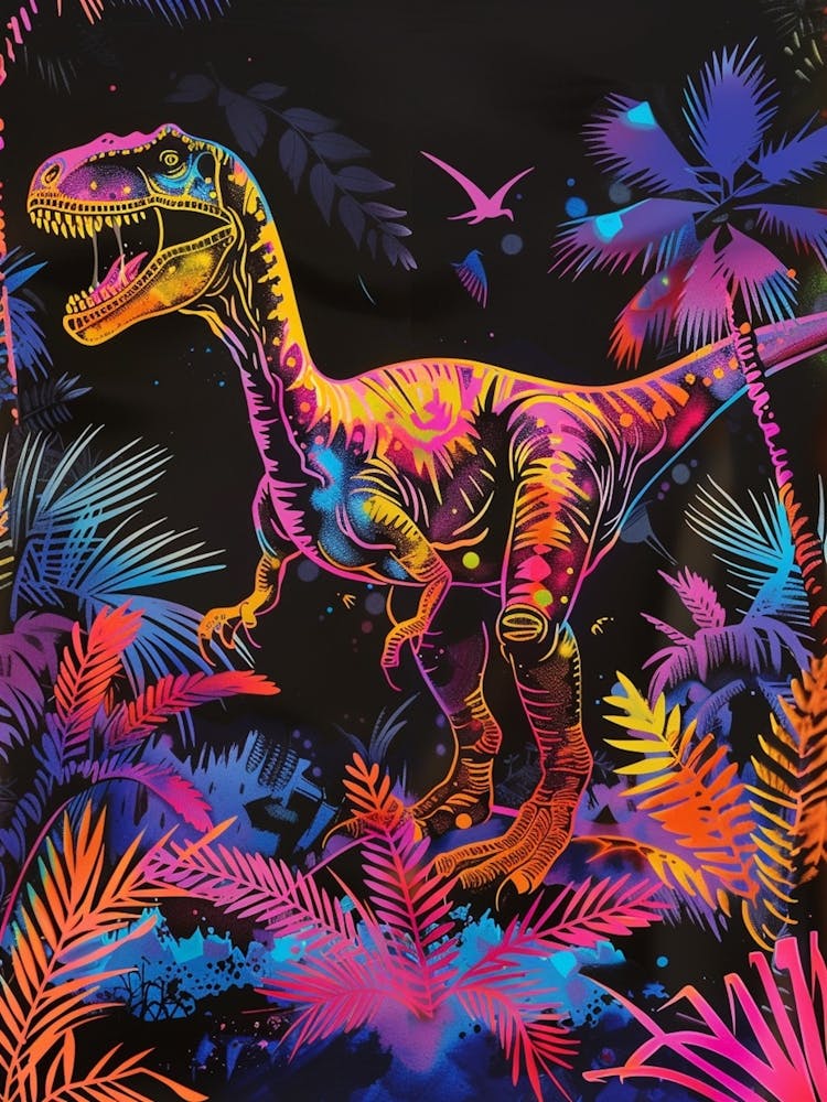Neon T Rex In The Leaves