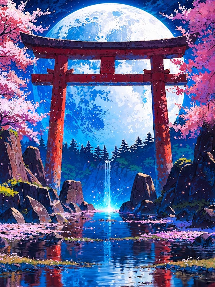 Japanese Moonlit Torii Waterfall: A vibrant digital painting depicts a serene Japanese landscape bathed in moonlight. A large, full moon dominates the sky, casting a soft glow on a traditional red torii gate, standing tall against a backdrop of dark green