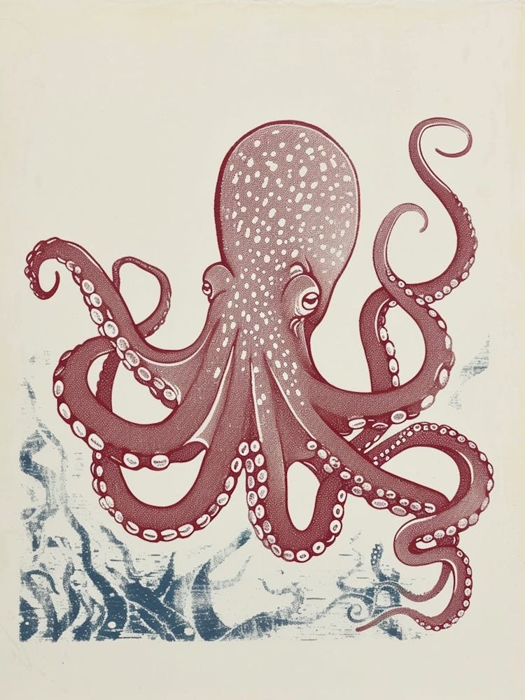 Hand Printed Style Red & Navy Octopus 3