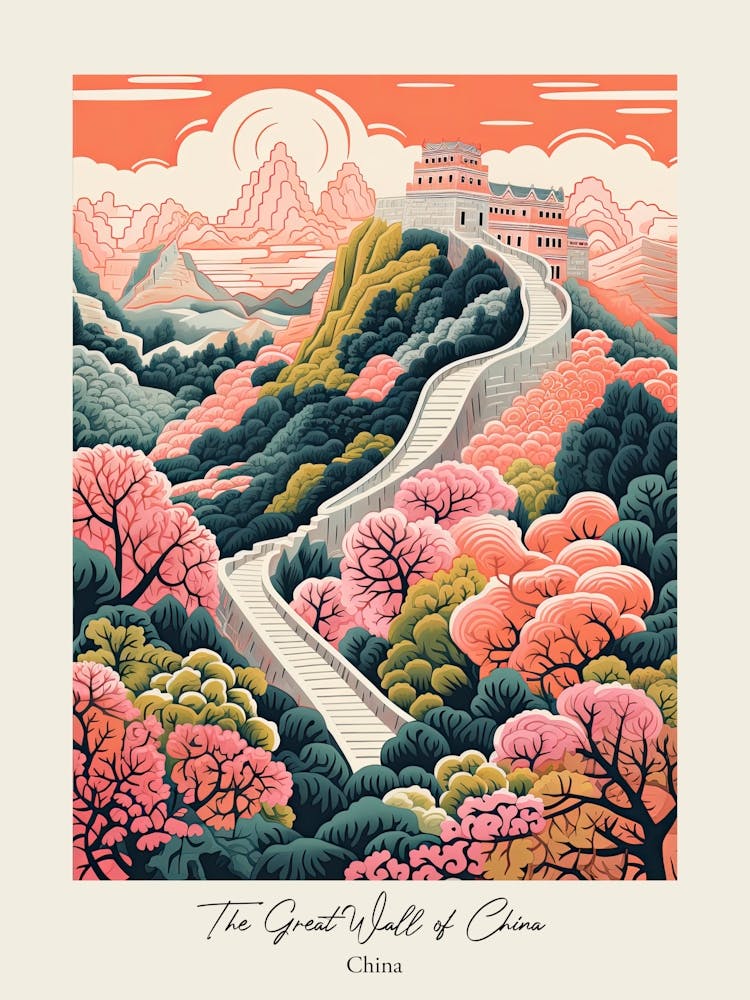 Die Große Mauer von China Niedliches botanisches Illustrations-Reiseposter 0