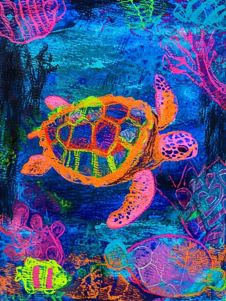 Neon Underwater Sea Turtle Doodle 1