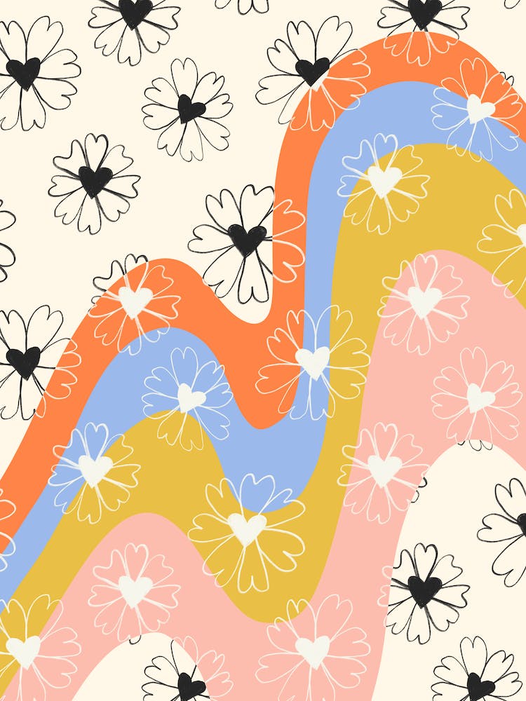 Heart Flowers On Retro Waves