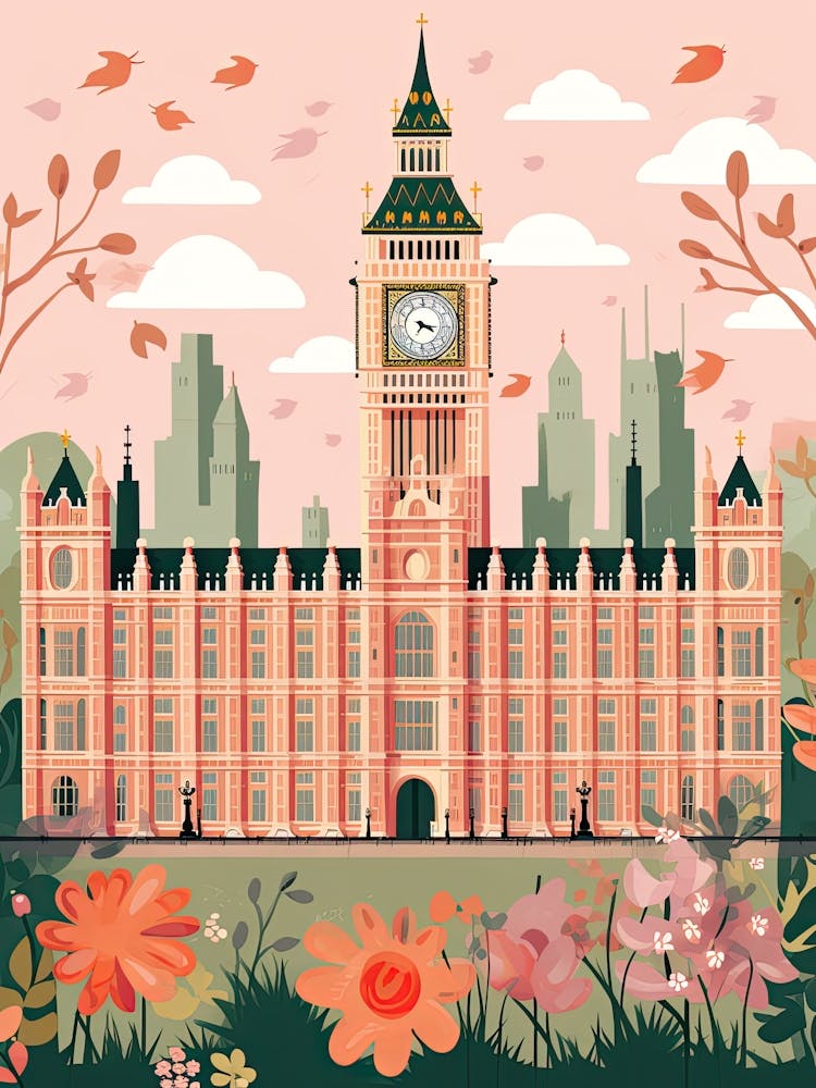 The Palace Of Westminster   London, England   Cute Botanical Illustration Travel 0