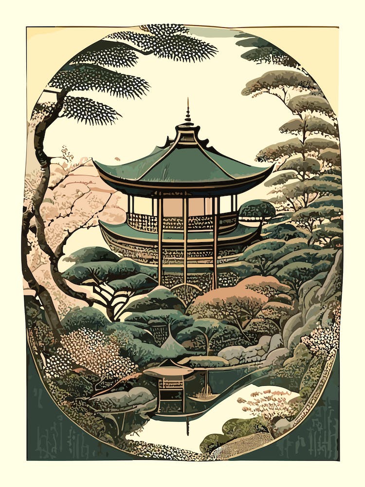 Ginkaku Ji Temple 1, Japan Vintage Botanical