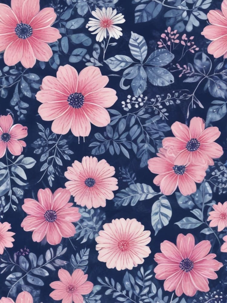 Pink Flowers On A Blue Background