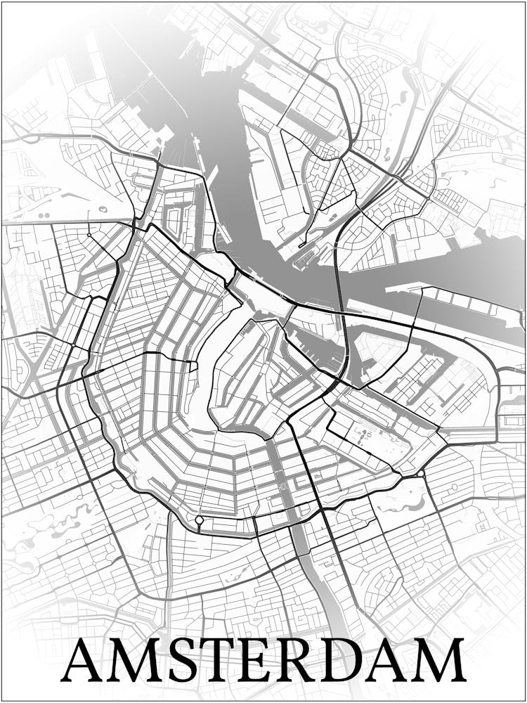 Amsterdam, Netherlands, City Map, Black And White Fade Design