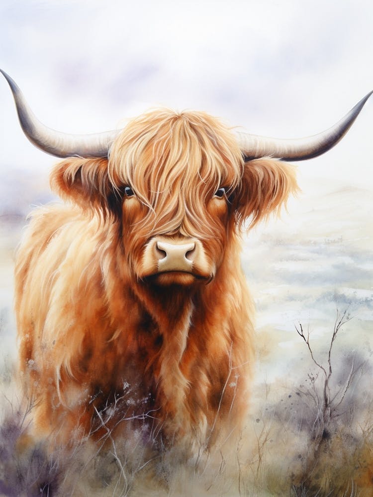 Foggy Highland Watercolour Cow 1
