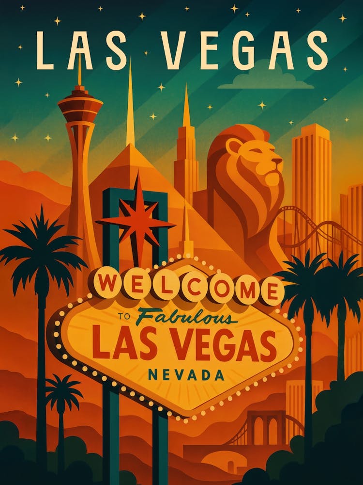 Las Vegas Travel Poster – Nightlife & Iconic Strip Lights: This retro-style travel poster of Las Vegas shows the strip’s dazzling skyline, palm trees, and casino glow. Sin City’s energy shines through every detail – a must for fans of neon nights and desert vibes.