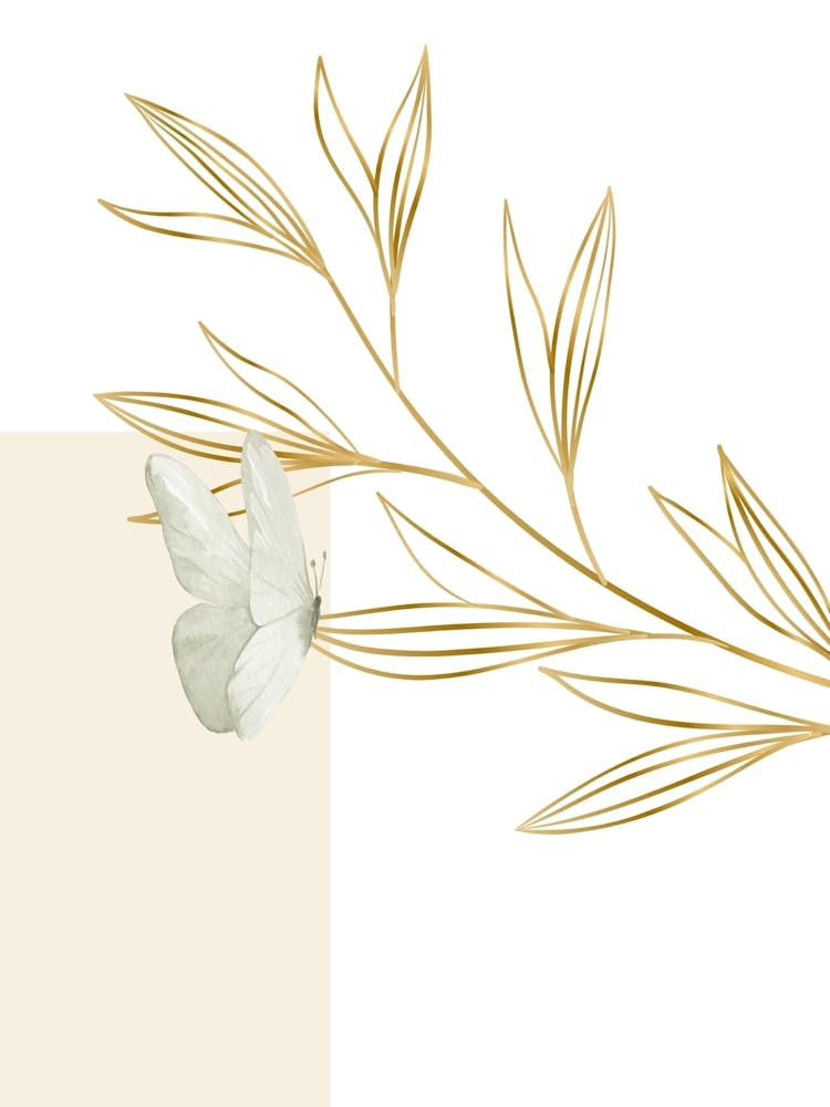 Beige Leafs Butterflies Art print