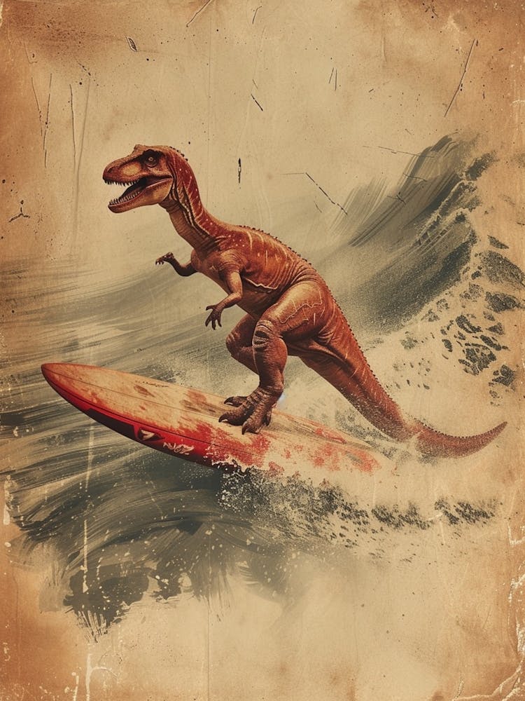 Vintage Oviraptor Dinosaur On A Surf Board   2
