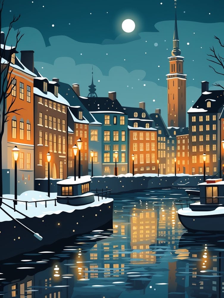Winterreise Nacht Illustration Kopenhagen Dänemark 1