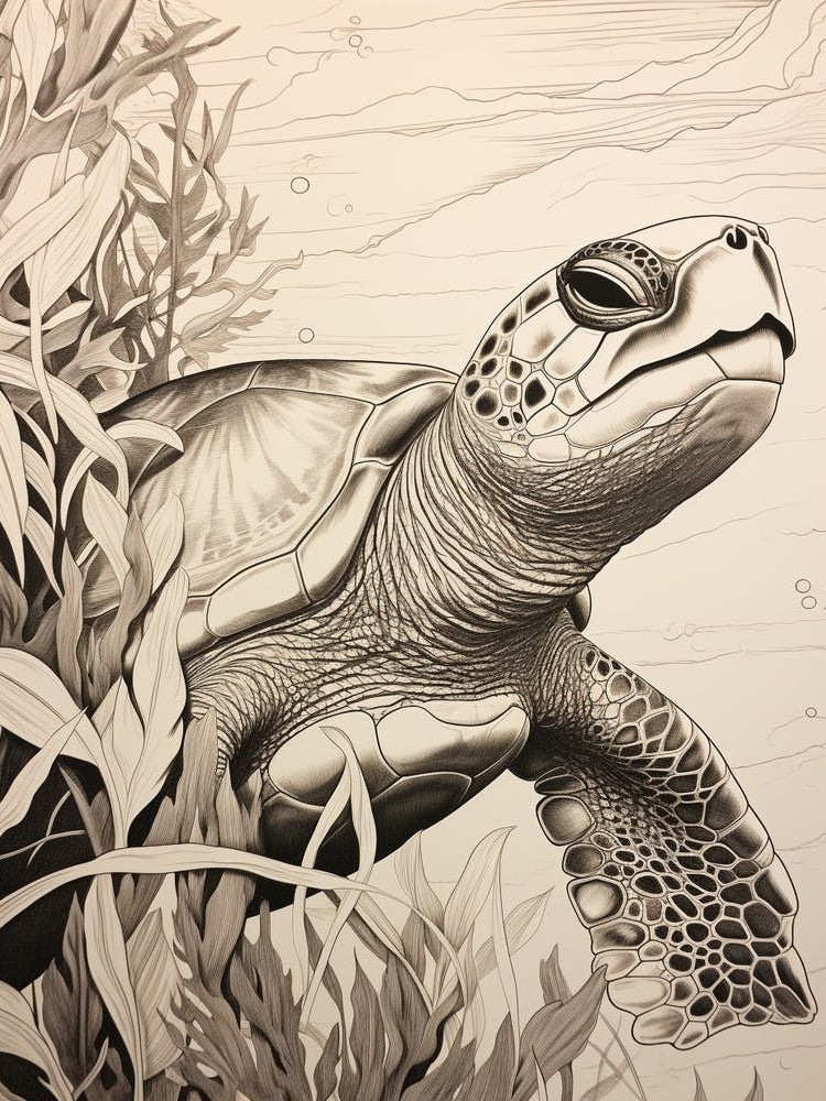 Sepia Illustration Sea Turtle Behind Seagrass