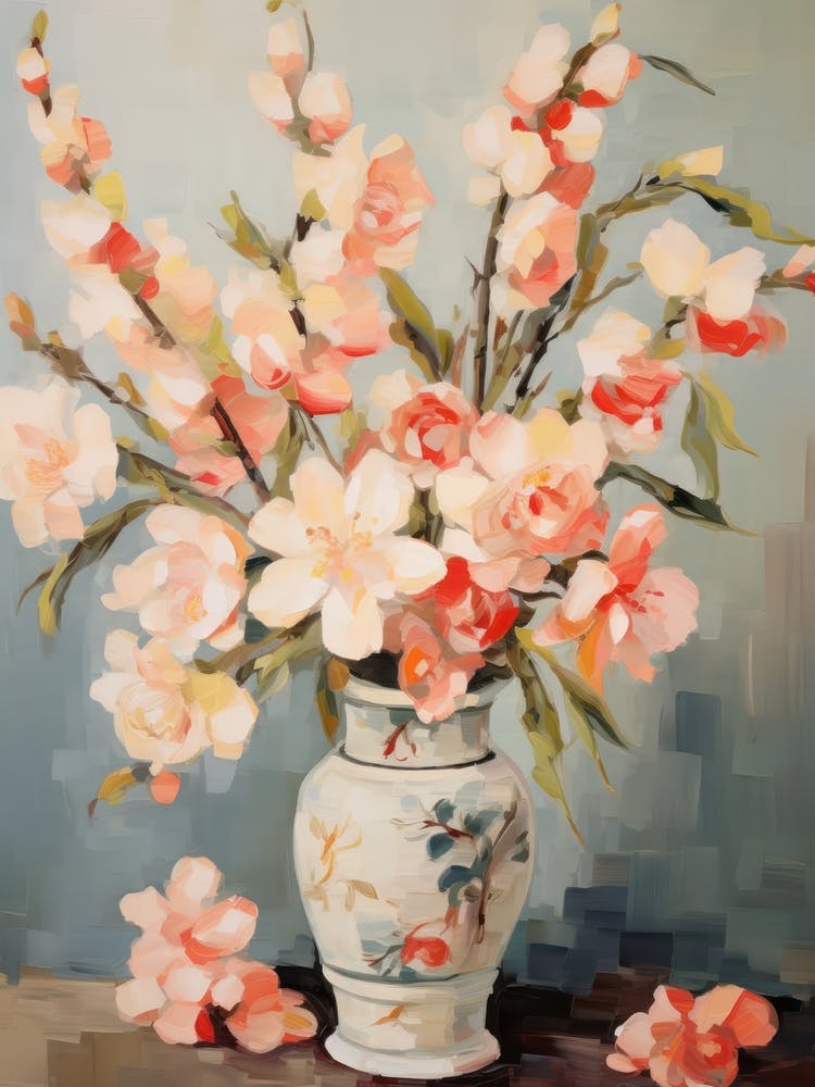 Snapdragon Flower And Peaches Still Life Painting 3 Dreamy