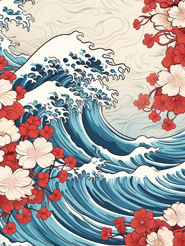 Great Wave With Plumeria Flower Drawing In The Style Of Ukiyo E 3