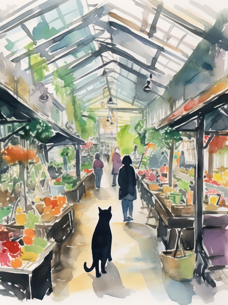 Food Market With Cats In Kyoto 2 Watercolour