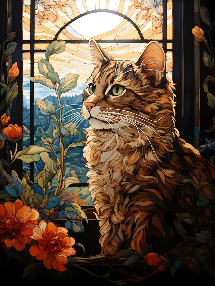 Contemporary Floral Cat On Windowsill 4