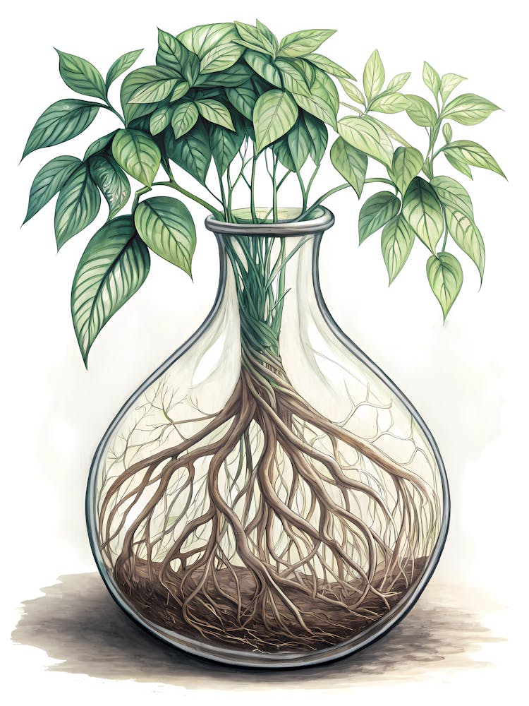 Botanical Root System Plant Growth in Glass Vase