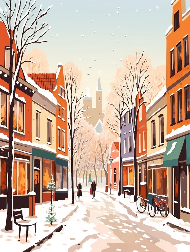 Vintage Winter Travel Illustration Bruges Belgium 1