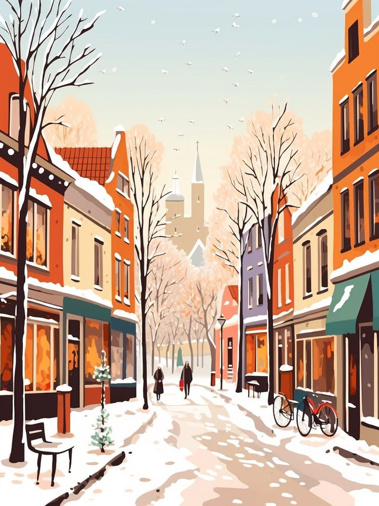Vintage Winter Travel Illustration Bruges Belgium 1