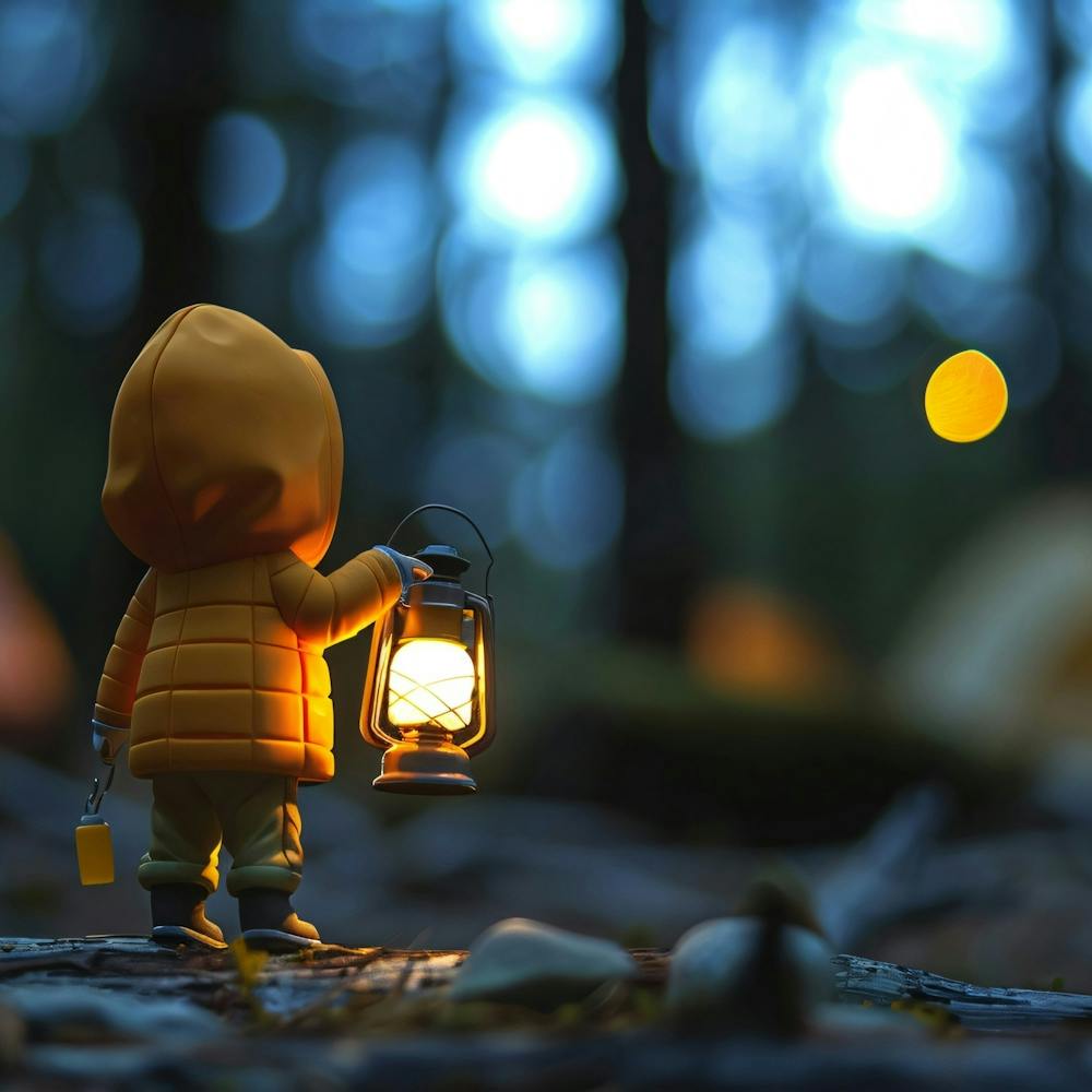 Little Boy Holding Lantern In The Woods