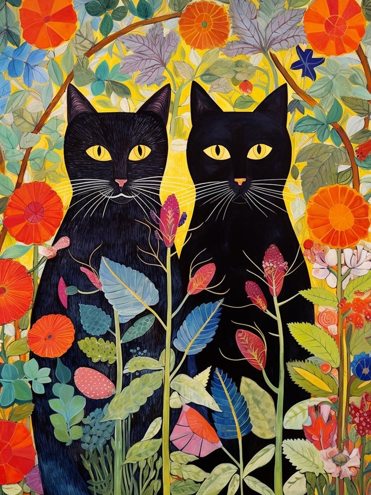 Two Black Cats In A Wildflower Garden