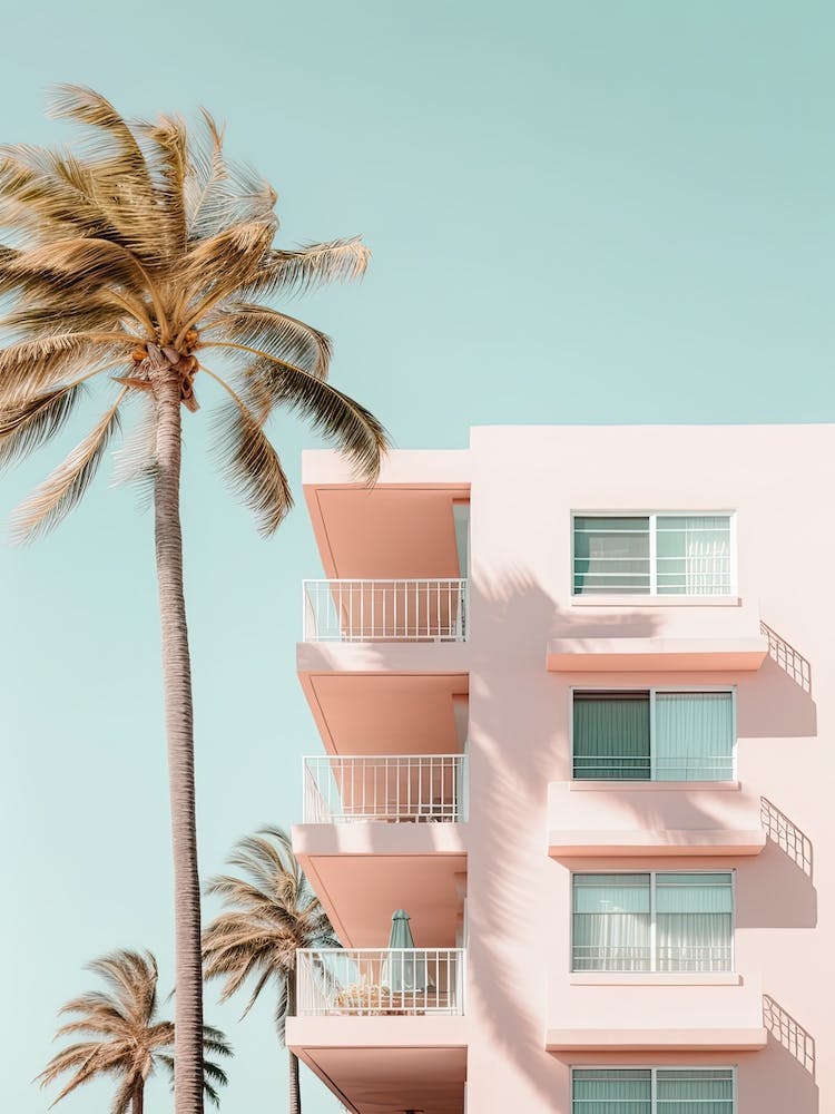 Pastel Pink Building With Palms Summer Photography 0