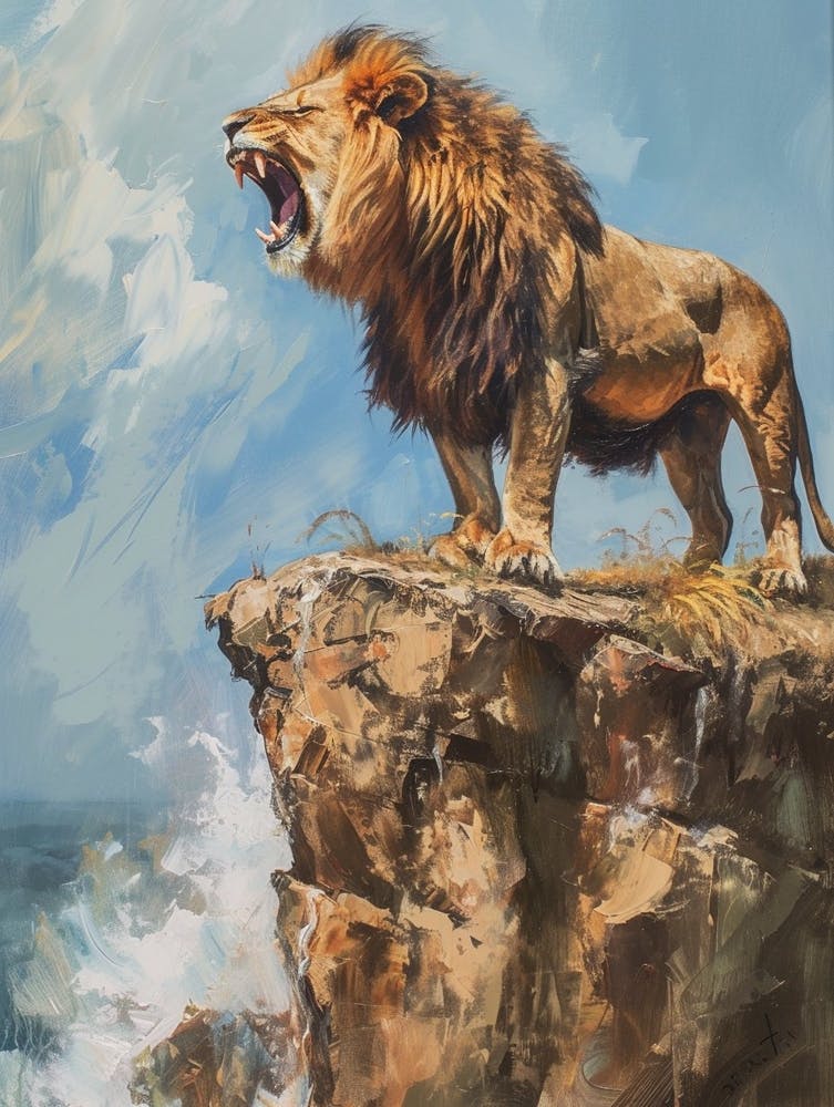 Barbary Lion Roaring On A Cliff Acrylic Painting 3