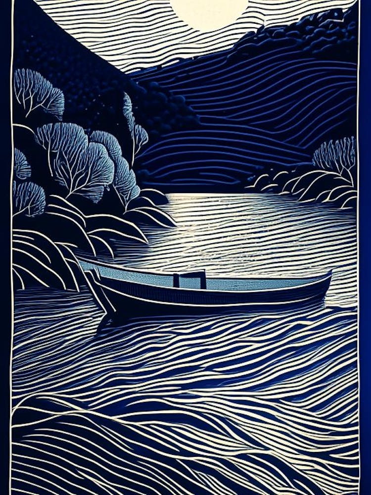 Boat Waterscape Linocut 1