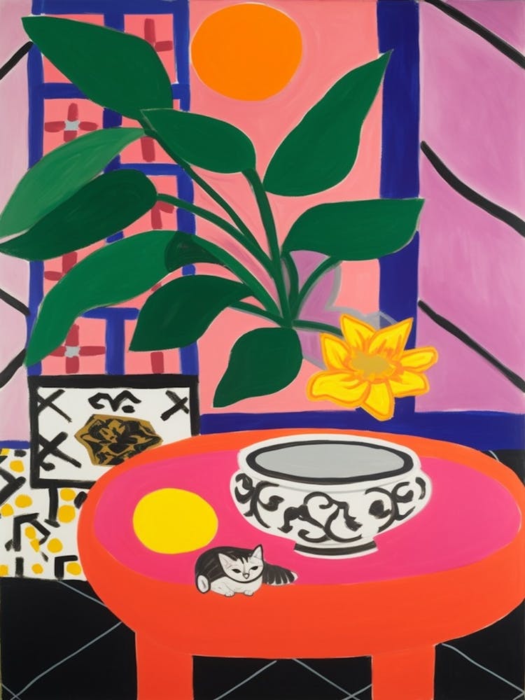 Gemälde eines Stilllebens mit Lotus und Katze im Matisse-Stil 4
