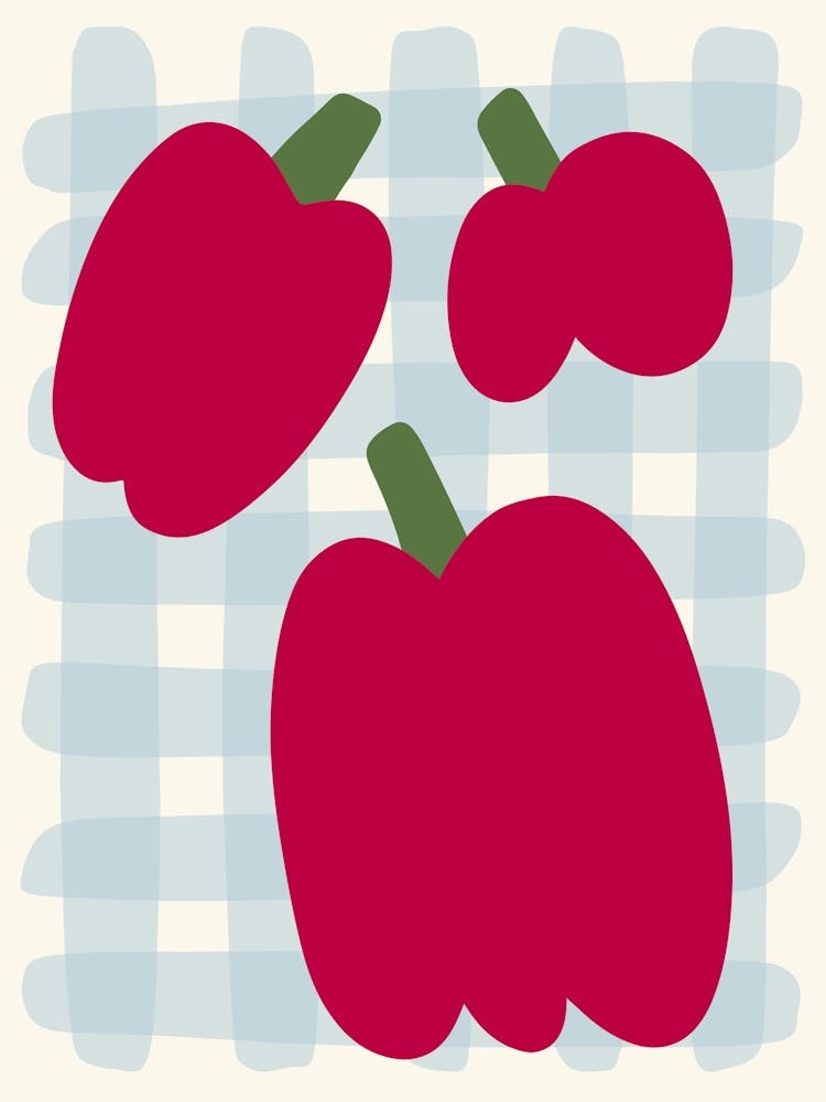 Red Peppers On A Checkered Tablecloth Blue