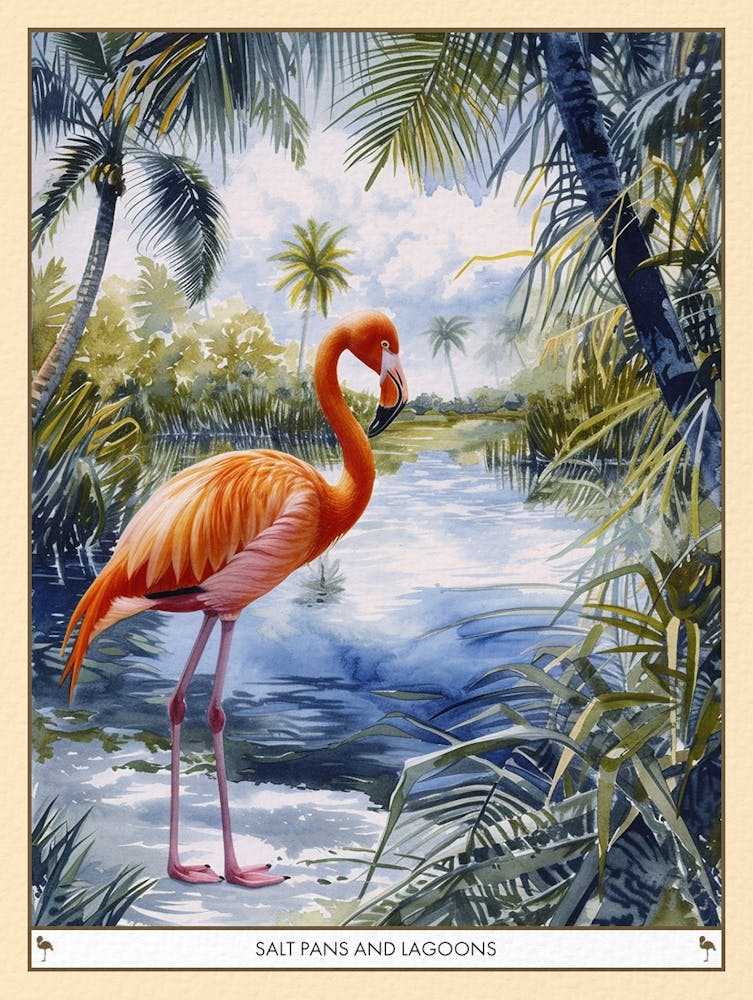 Greater Flamingo Salt Pans And Lagoons Tropical Illustration 4 Poster