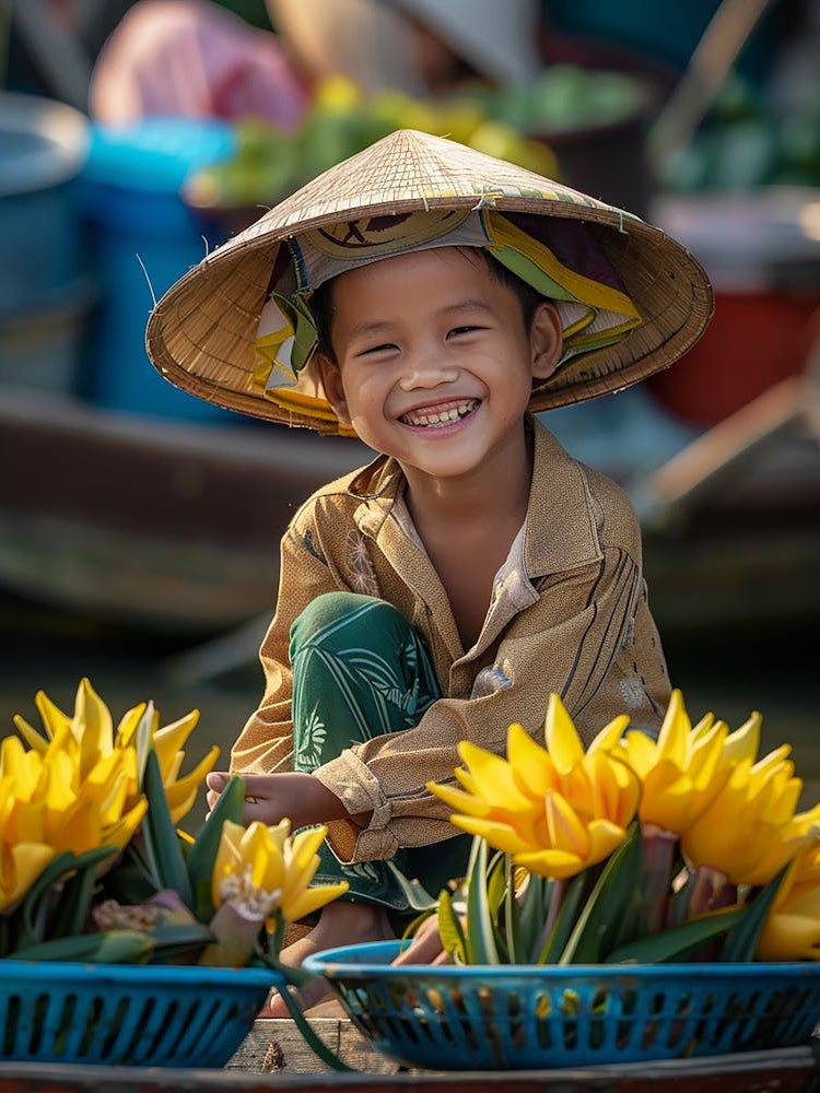 Boy Smiles At The Flower Market