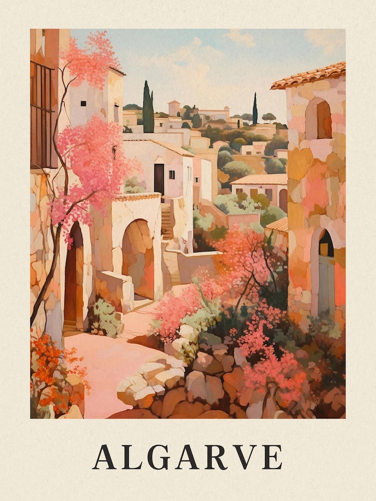 Algarve Portugal 4 Vintage Pink Travel Illustration Poster