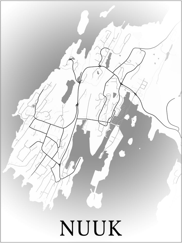 Nuuk, Sermersooq, Greenland, City Map, Black And White Fade Design