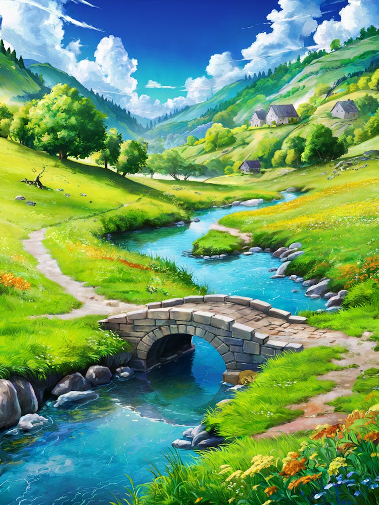 Lofi Anime Art: Picturesque countryside with a stone bridge, vibrant wildflowers, and rolling green hills. Perfect for peaceful and nostalgic vibes.
