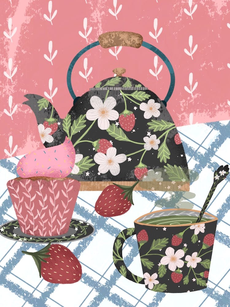Strawberry pattern teacup and teapot cottage core tea time artwork
