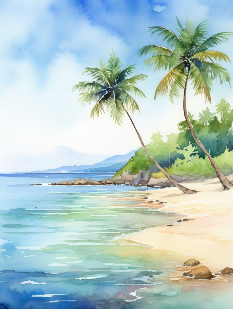 Watercolor Tropical Beach With Palm Trees