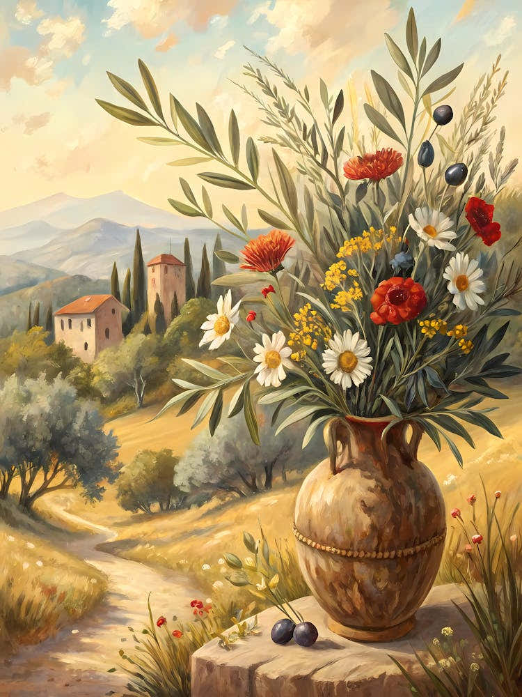 Mediterranean Bouquet with Olive Trees Oil Painting Style