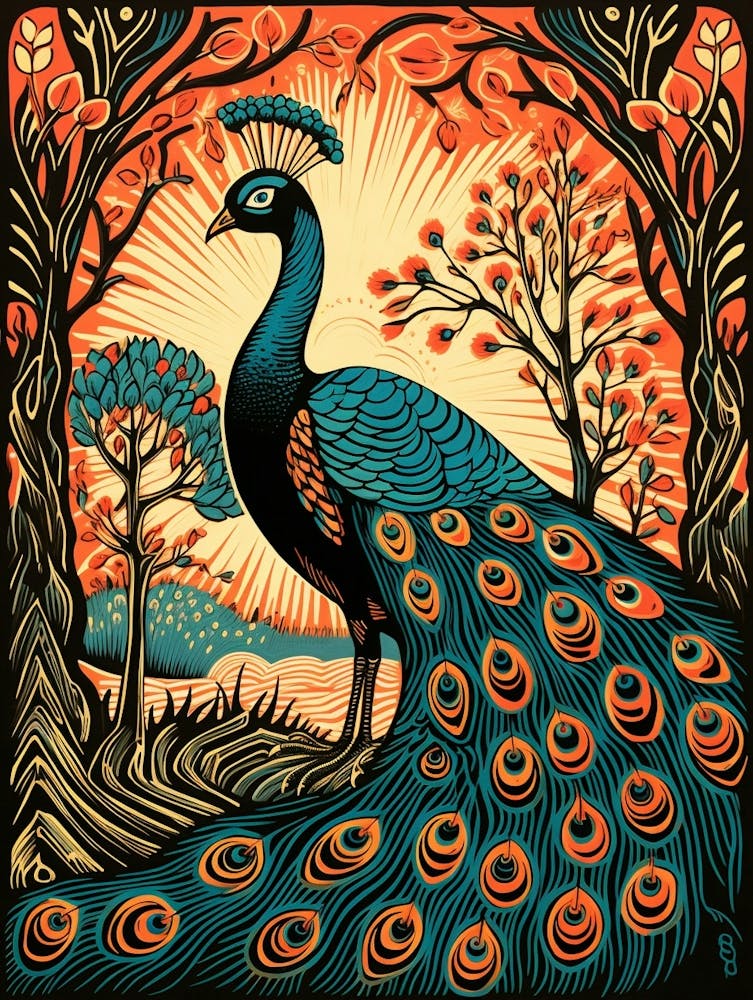 Vintage Bird Linocut Peacock 2