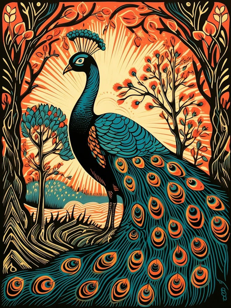 Vintage Bird Linocut Peacock 2