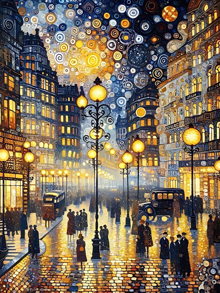 Walking In The Street At Night  Vintage Inspired By the style of Gustave Klimt